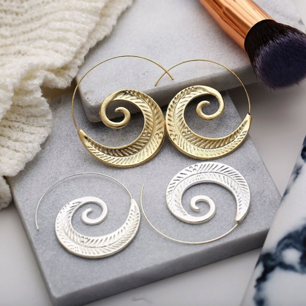 Ethnic Bohemian Spiral Swirl Earrings - Picture 2 of 14